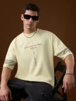 Men Self Design Round Neck Pure Cotton Yellow T-Shirt